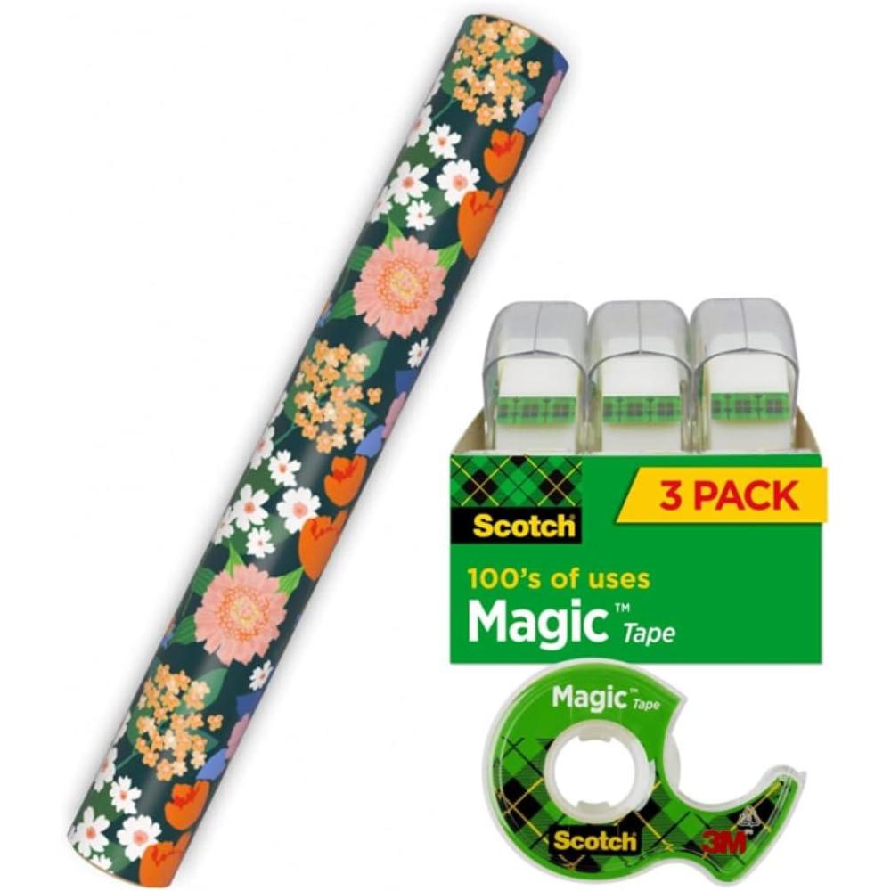 imageHallmark Floral Wrapping Paper Roll and Scotch Magic Tape 1 Mini Gift Wrap Roll with 3 Rolls of Tape Wildflowers for Birthdays Bridal Showers Baby Showers Any OccasionWrapping Paper  Scotch Magic Tape