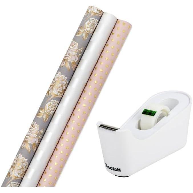 imageScotch Tape Dispenser with Magic Tape and Hallmark Wedding Wrapping Paper Rolls Includes Tape Dispenser 1 Roll of Tape Set of 3 Gift Wrap Rolls Gold Hearts Rose Flowers White Stripes