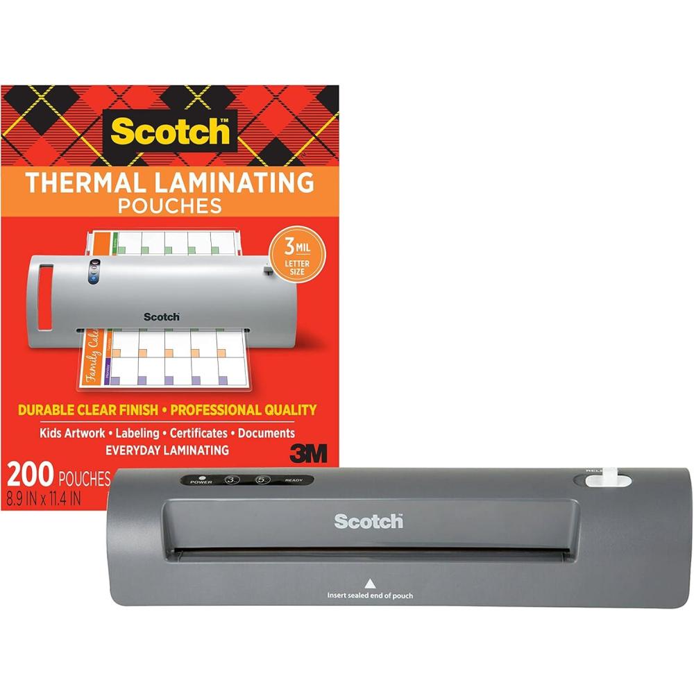 imageScotch Thermal Laminator and Pouch Bundle 2 Roller System Laminate up to 9quot Wide TL901X with Scotch Laminating Pouches 200Pack TP3854200