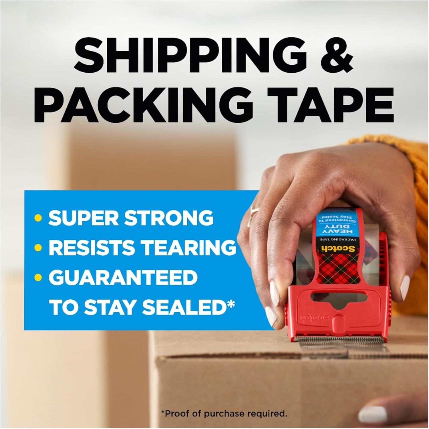imageScotch Heavy Duty Packaging Tape 188 x 222 yd Designed for Packing Shipping and Mailing Strong Seal on All Box Types 15quot Core Clear 3 Rolls with Dispenser 14233 Rolls Pack of 12