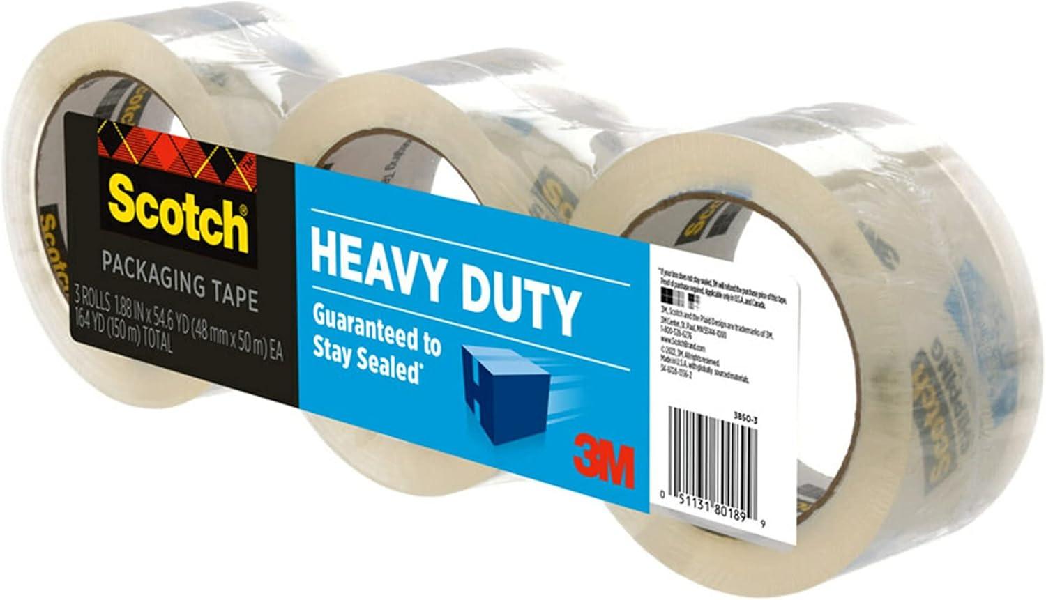 imageScotch Heavy Duty Packaging Tape 188quot x 546 yd Designed for Packing Shipping and Mailing Strong Seal on All Box Types 3quot Core Clear 3 Rolls 38503 Packaging May Vary3 Rolls