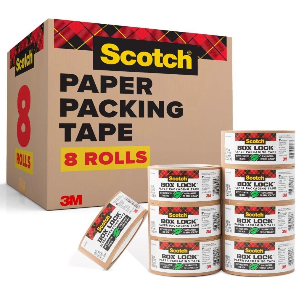 imageScotch Box Lock Paper Packing Tape Kraft Brown Extreme Grip Kraft Paper Tape That Recycles with The Box Shipping Tape 188 in x 25 yd 8 Tape Rolls