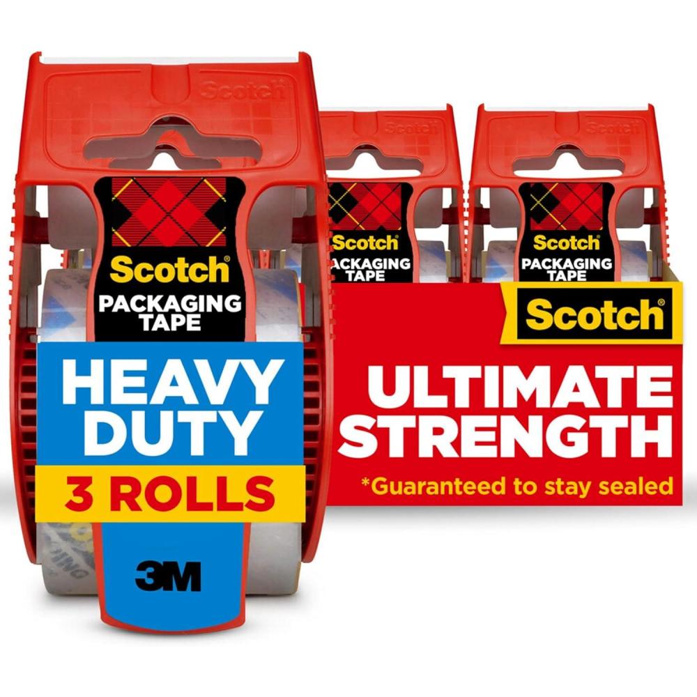 imageScotch Heavy Duty Packaging Tape 188 x 222 yd Designed for Packing Shipping and Mailing Strong Seal on All Box Types 15quot Core Clear 3 Rolls with Dispenser 14233 Rolls