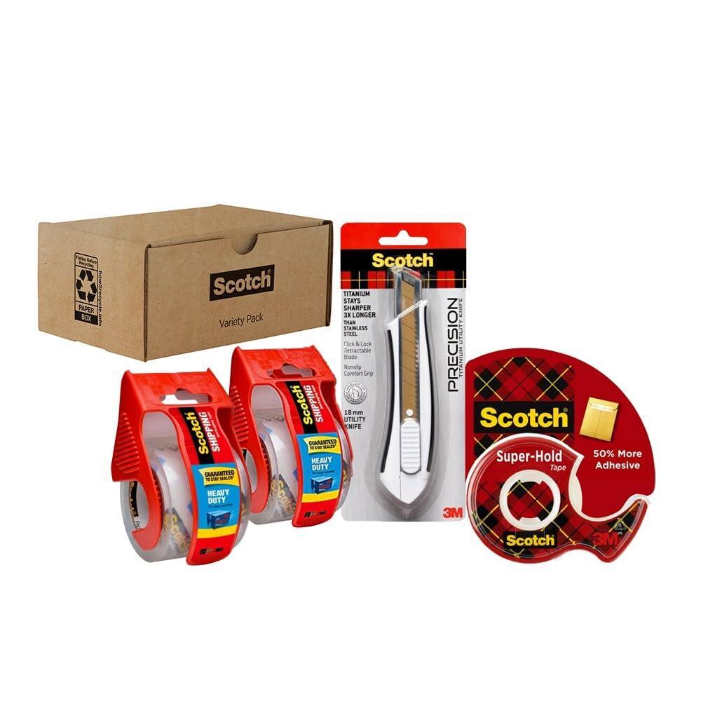 imageScotch Shipping Pack Complete Shipping Tape Dispenser Kit Super Hold Tape 2 Heavy Duty Packaging Tape Rolls and a Precision Mini Box Cutter KnifeShipping Pack