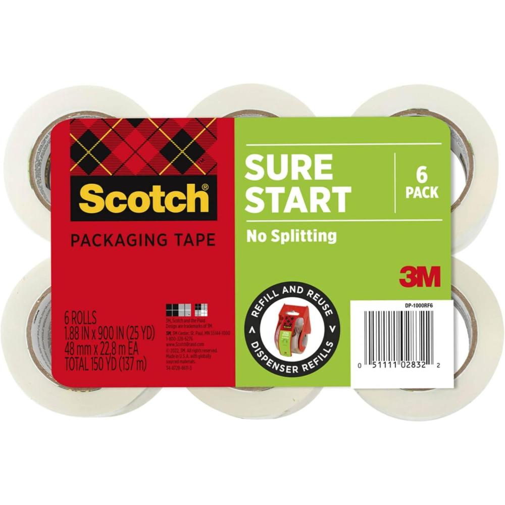 imageScotch Sure Start Packing Tape Clear Quiet Unwind and Easy Start 188 in x 25 yd 6 Tape Rolls Designed for Packing Shipping and Mailing No Splitting or Tearing 15quot Core Packaging May Vary6 Rolls