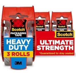 Scotch Heavy Duty Packaging Tape, 1.88 x 22.2 yd, Designed for Packing, Shipping and Mailing, Strong Seal on All Box Types, 1.5″ Core, Clear, 3 Rolls with Dispenser (142-3)(3 Rolls (Pack of 12))