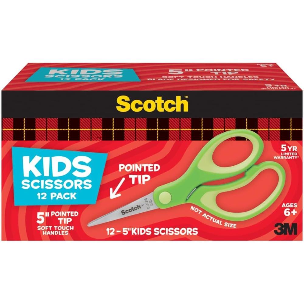 imageScotch 5quot Soft Touch Pointed Tip Kids Scissors 12 Count Teachers Pack Green AllPurpose Scissors for School and Crafts 1442P12Assorted Colors
