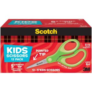 Scotch 5″ Soft Touch Pointed Tip Kids Scissors, 12 Count Teacher’s Pack, Green, All-Purpose Scissors for School and Crafts (1442P-12)(Assorted Colors)