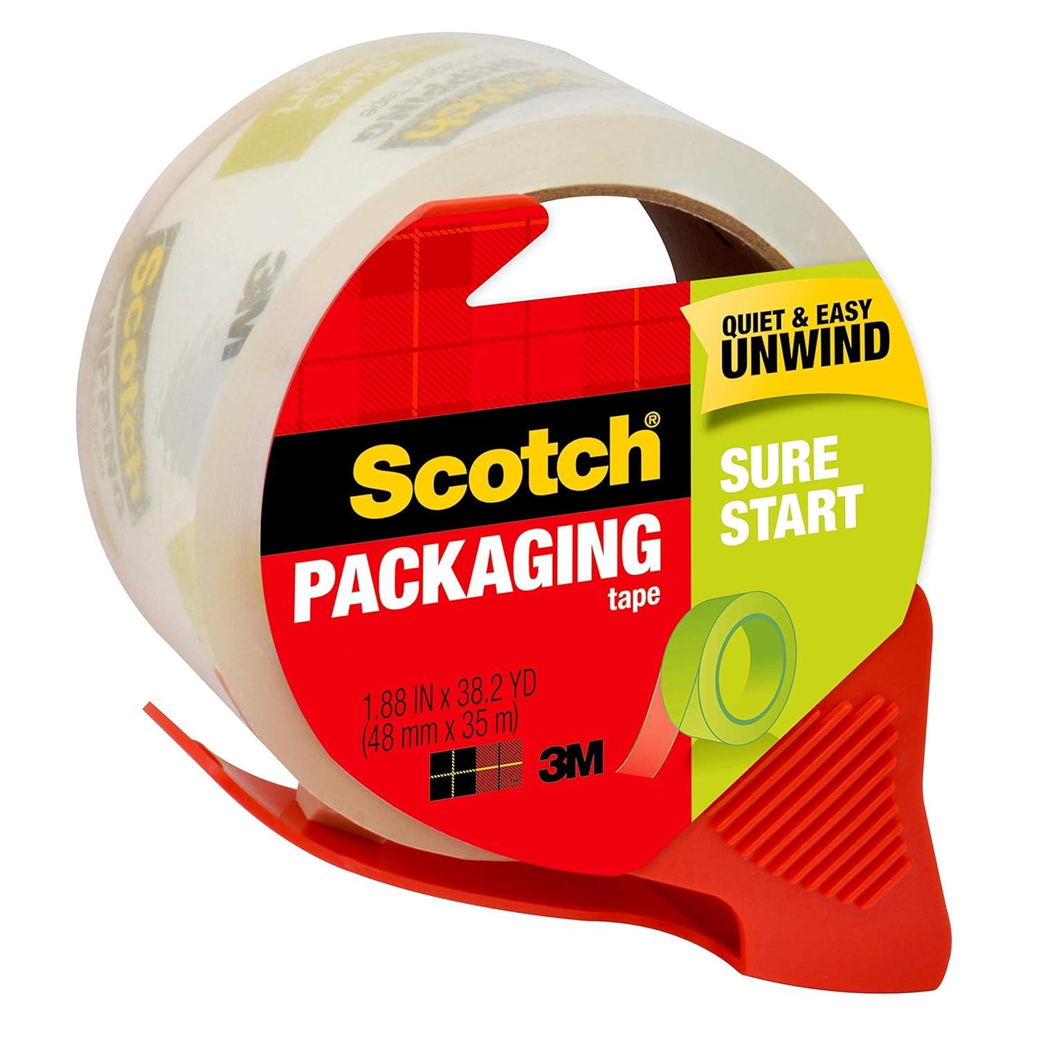 imageScotch Sure Start Shipping Packaging Tape 188quotx 382 yd Designed for Packing Shipping and Mailing Quiet Unwind No Splitting or Tearing 15quot Core Clear 1 Dispensered Roll1 Roll