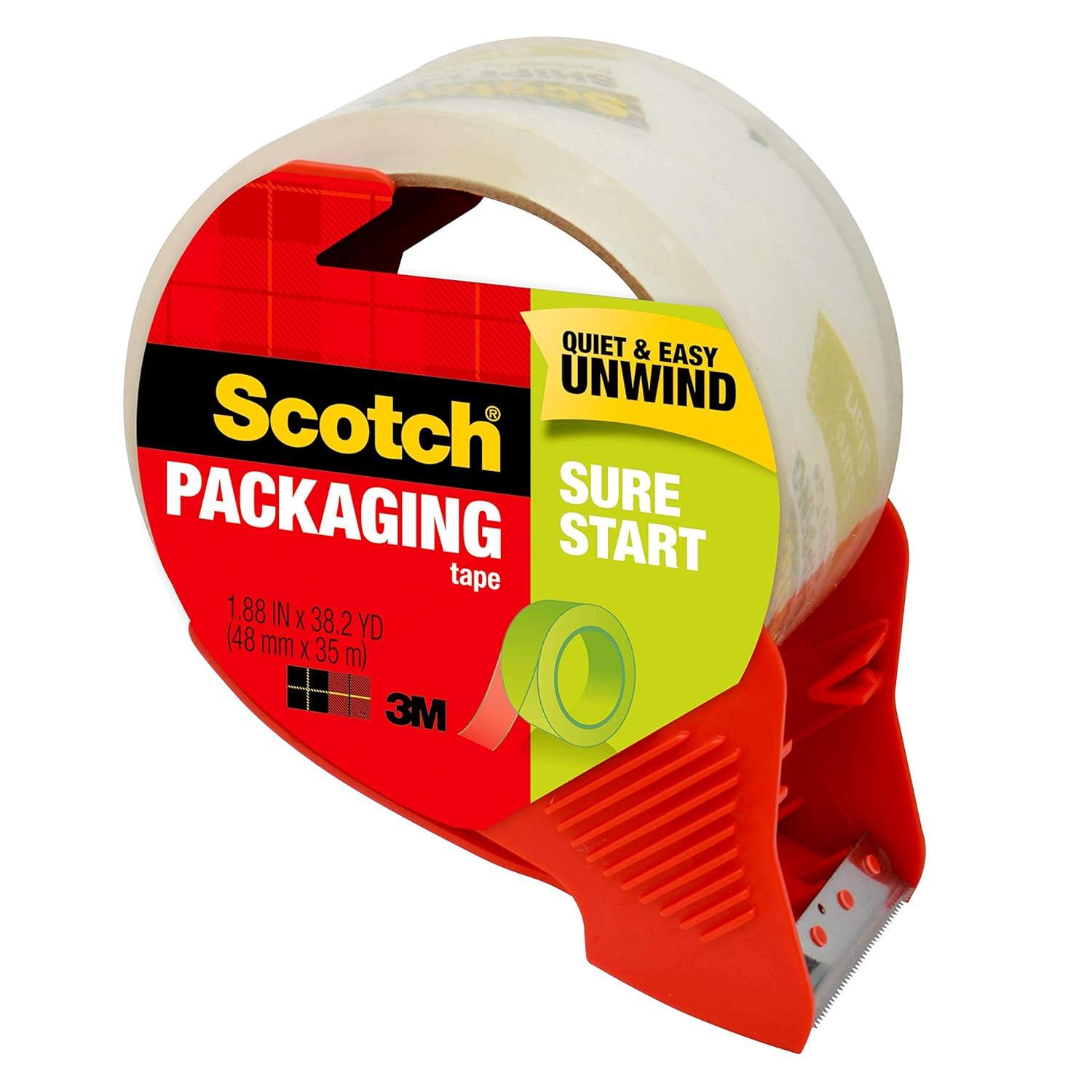 imageScotch Sure Start Shipping Packaging Tape 188quotx 382 yd Designed for Packing Shipping and Mailing Quiet Unwind No Splitting or Tearing 15quot Core Clear 1 Dispensered Roll1 Roll