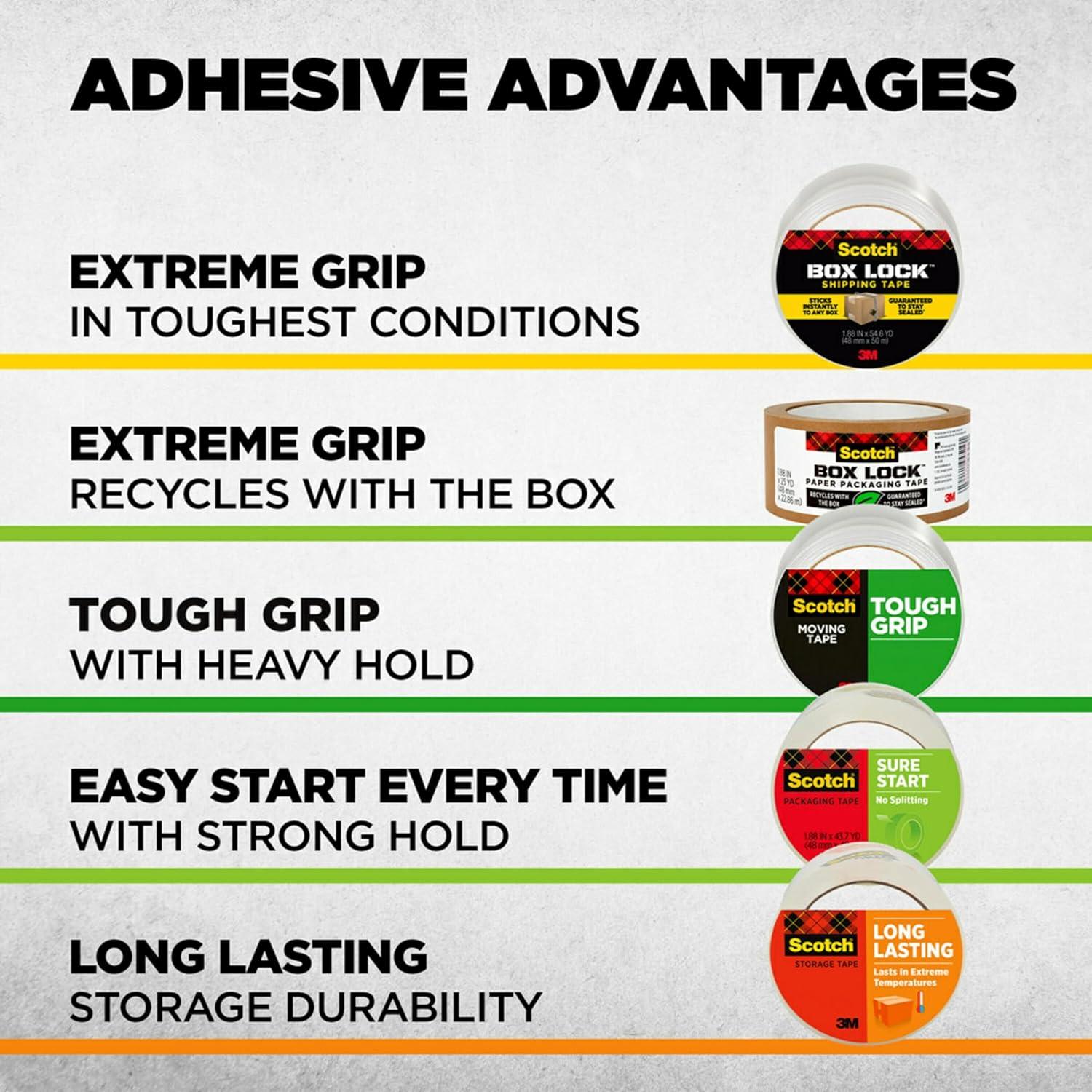 imageScotch Tough Grip Moving Packing Tape Clear Moving Tape That Secures Boxes up to 80 Pounds 188 in x 222 yd 6 Tape Rolls with DispensersTape