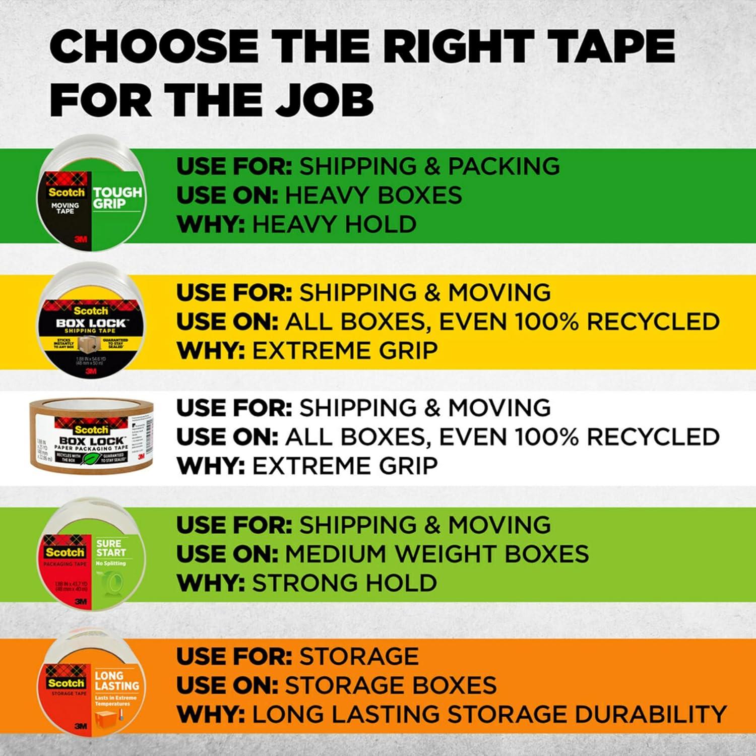 imageScotch Tough Grip Moving Packing Tape Clear Moving Tape That Secures Boxes up to 80 Pounds 188 in x 222 yd 6 Tape Rolls with DispensersTape