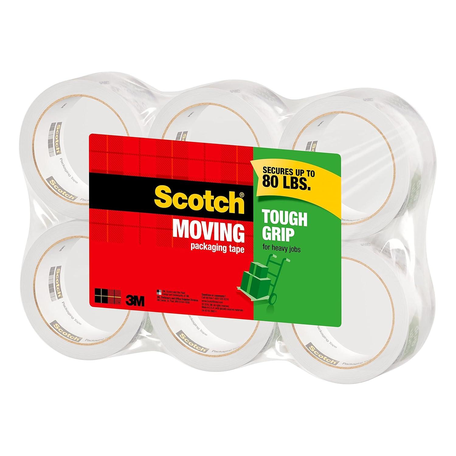 imageScotch Tough Grip Moving Packing Tape Clear Moving Tape That Secures Boxes up to 80 Pounds 188 in x 437 yd 6 Tape Rolls6 Rolls