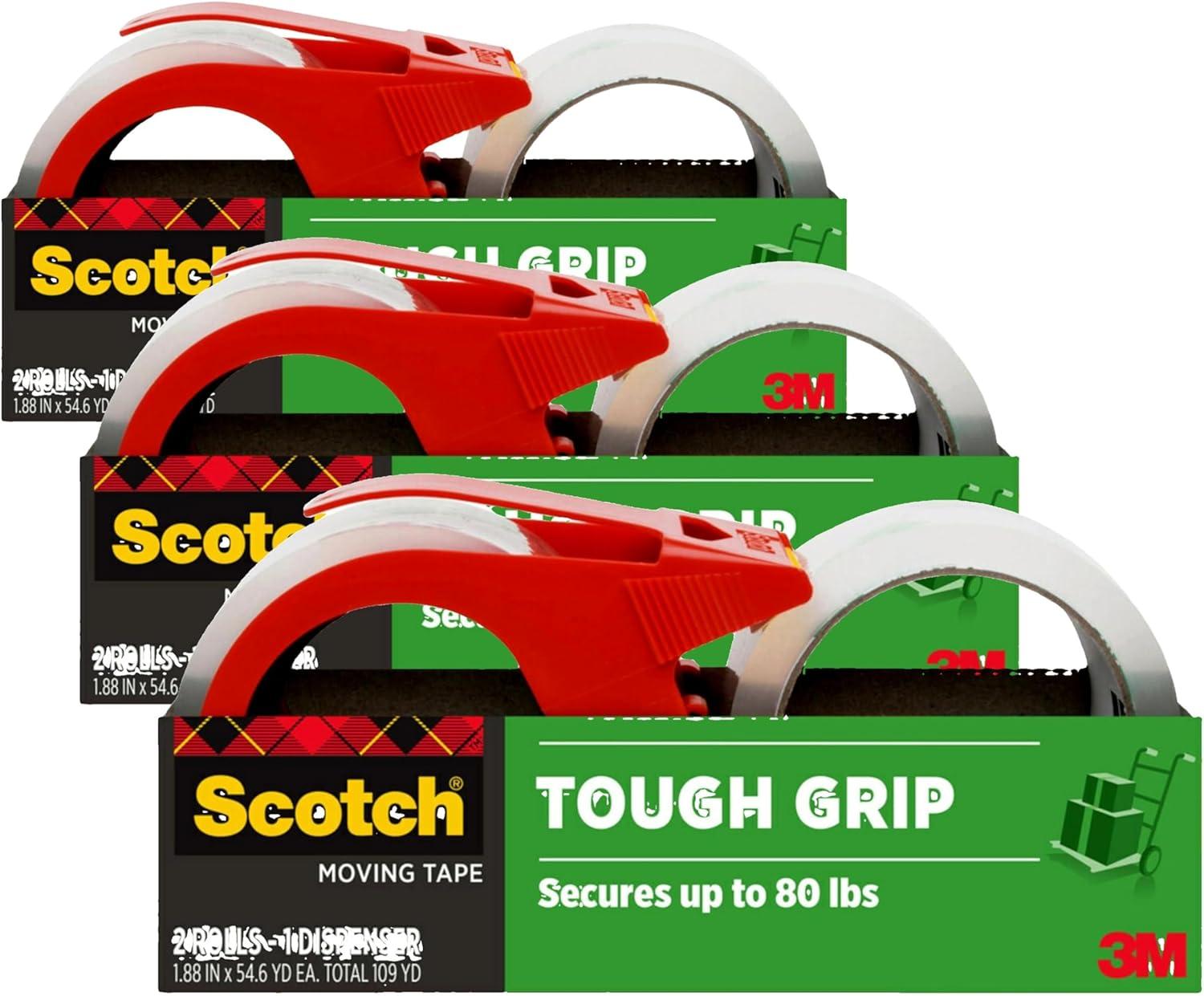 imageScotch Tough Grip Moving Packing Tape Clear Moving Tape That Secures Boxes up to 80 Pounds 188 in x 546 yd 2 Tape Rolls with 1 Dispenser2 Rolls with 1 Dispenser