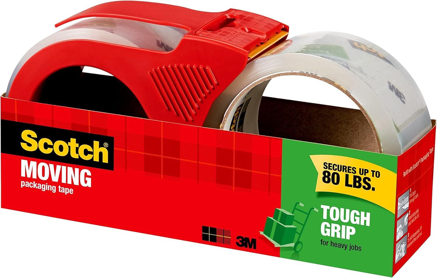 imageScotch Tough Grip Moving Packing Tape Clear Moving Tape That Secures Boxes up to 80 Pounds 188 in x 546 yd 2 Tape Rolls with 1 Dispenser2 Rolls with 1 Dispenser