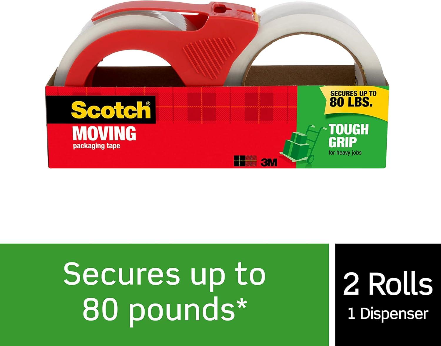 imageScotch Tough Grip Moving Packing Tape Clear Moving Tape That Secures Boxes up to 80 Pounds 188 in x 546 yd 2 Tape Rolls with 1 Dispenser2 Rolls with 1 Dispenser