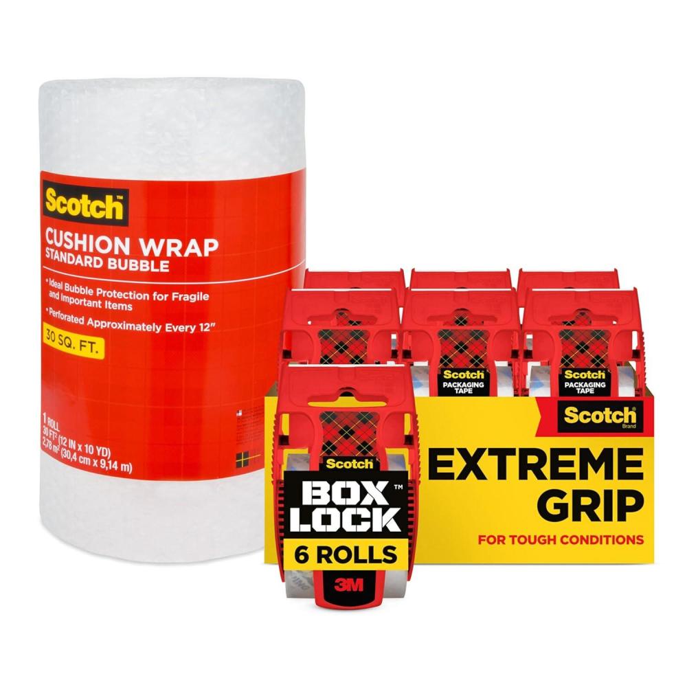 imageMoving Bundle of Scotch Box Lock Packing Tape Extreme Grip Moving Tape 188 in x 222 yd 6 Rolls with Dispensers  Scotch Cushion Wrap 12 in x 30 ft 1 Roll6 Rolls  Cushion Wrap