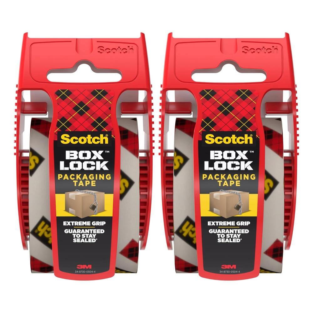 imageScotch Box Lock Packaging Tape 1 Roll with Dispenser 188 in x 1000 in Extreme Grip Sticks Instantly to Any Box 195LPack of 2