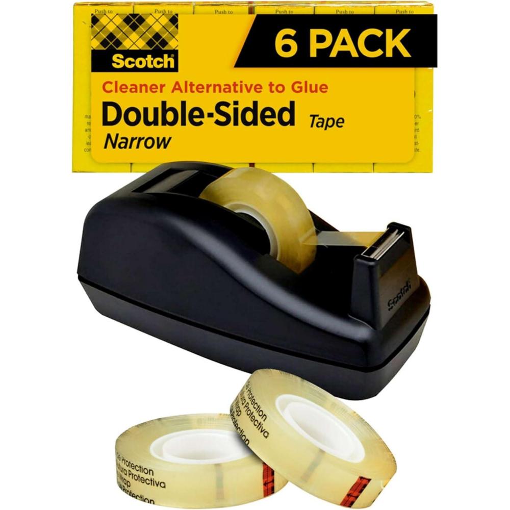 imageScotch Double Sided Tape with Deluxe Desktop Tape Dispenser 12 in x 900 in 1 Dispenser and 6 Refill RollsPack 6656PKC4012 x 900 in Pack of 12