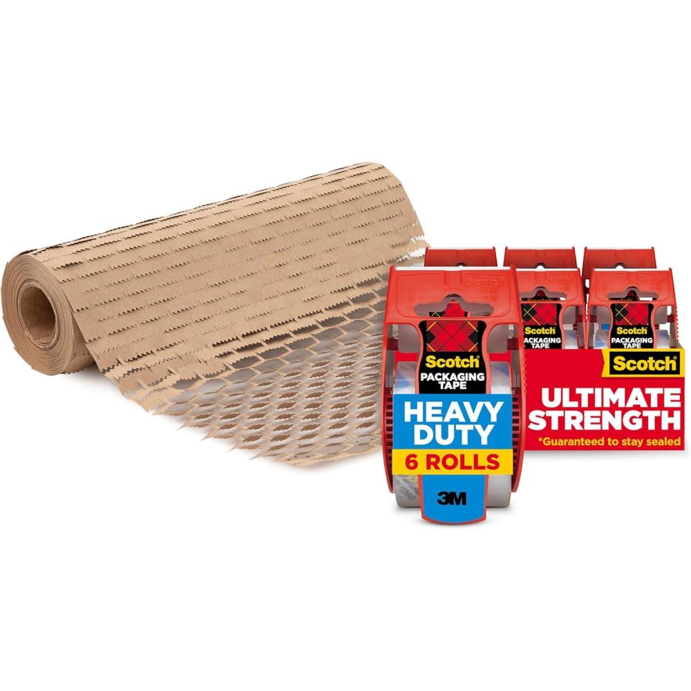 imageScotch Packaging Bundle Heavy Duty Packaging Tape 15quot Core 6 Rolls with Cushion Lock Protective Wrap 12 in x 50 ft