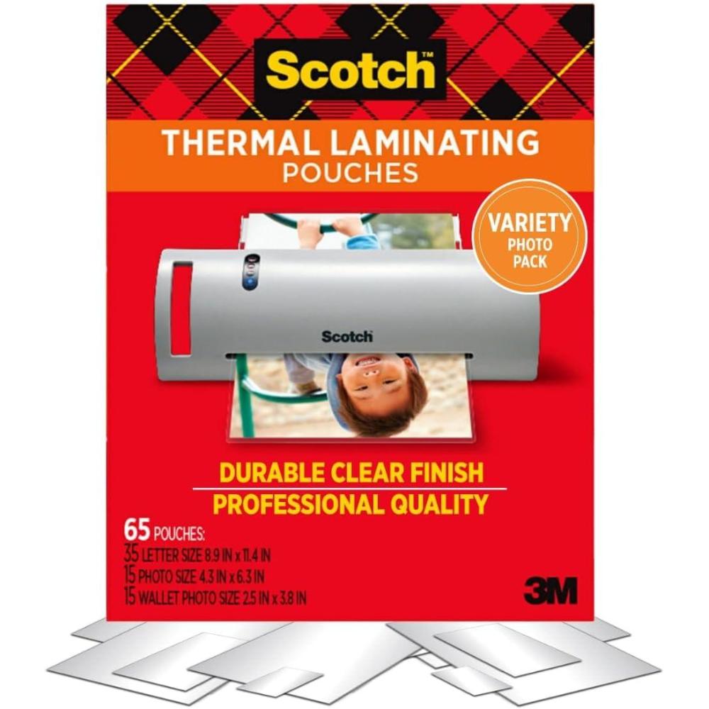 imageScotch Thermal Laminating Pouches Variety Pack Includes 35 Letter Size 15 Standard Photo Size and 15 Small Photo 3 and 5 Mil 65 Total Laminating Sheets