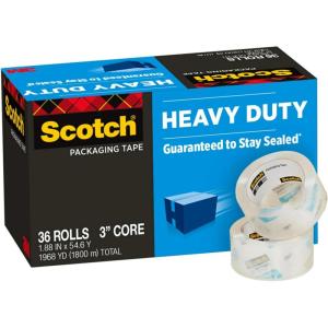 Scotch Heavy Duty Packaging Tape, 1.88″ x 54.6 yd, Designed for Packing, Shipping and Mailing, Strong Seal on All Box Types, 3″ Core, Clear, 36 Rolls (3850-CS36)