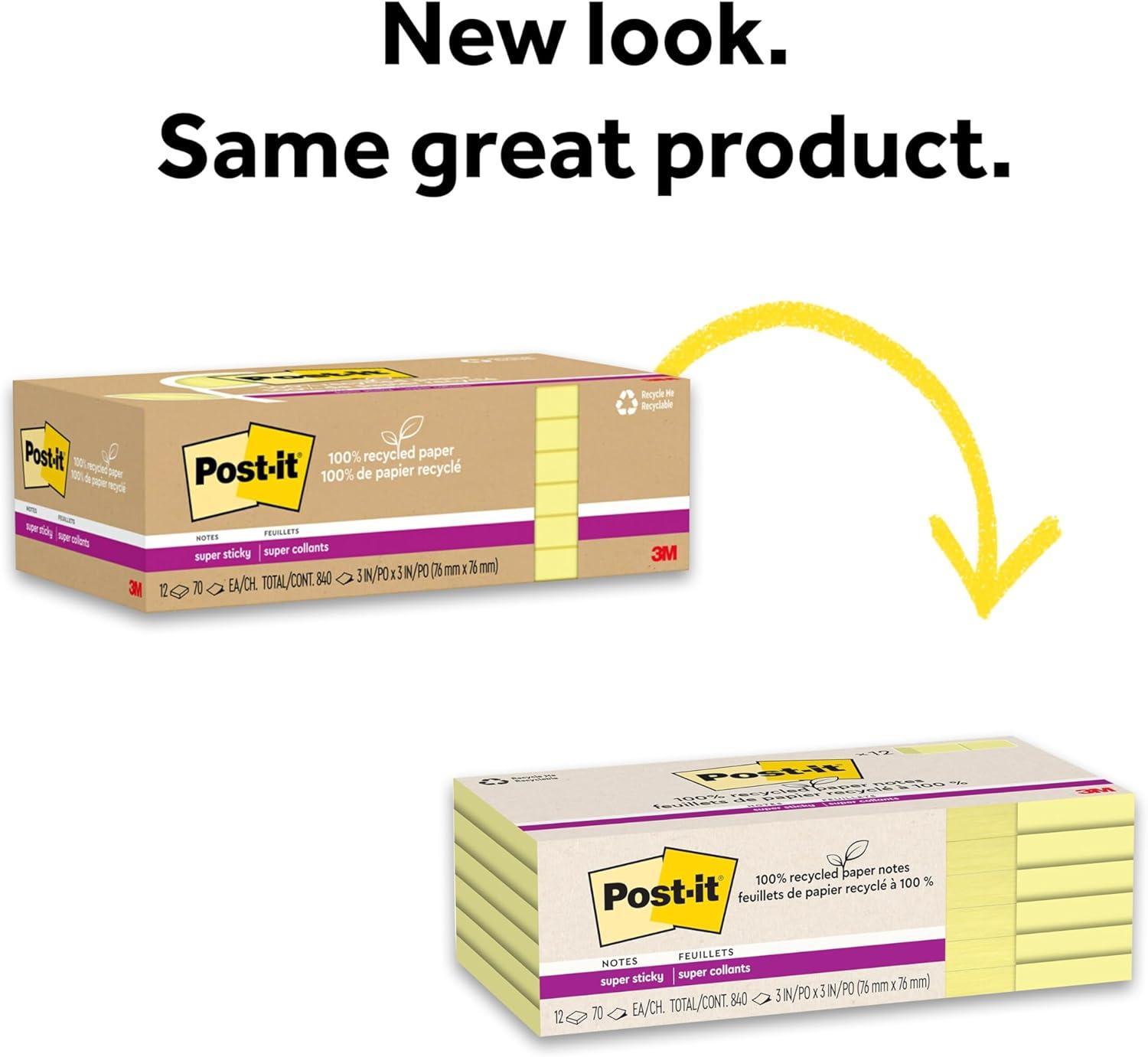 imagePostit 100 Recycled Paper Super Sticky Notes 2X The Sticking Power 3x3 in 12 PadsPack 70 SheetsPad Canary Yellow 654R12SSCYCanary Yellow