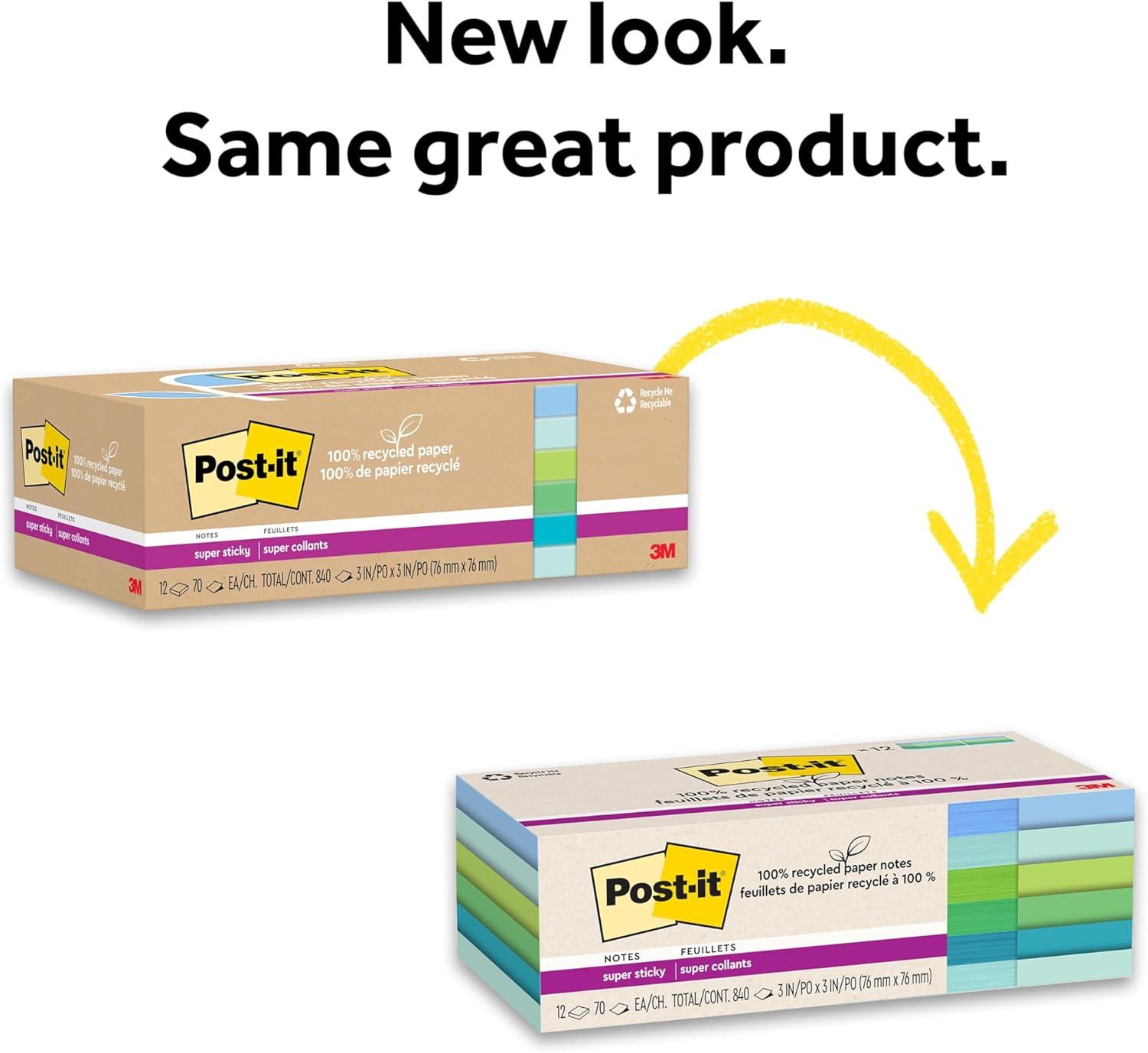 imagePostit 100 Recycled Paper Super Sticky Notes 2X The Sticking Power 3x3 in 12 PadsPack 70 SheetsPad Canary Yellow 654R12SSCYOasis