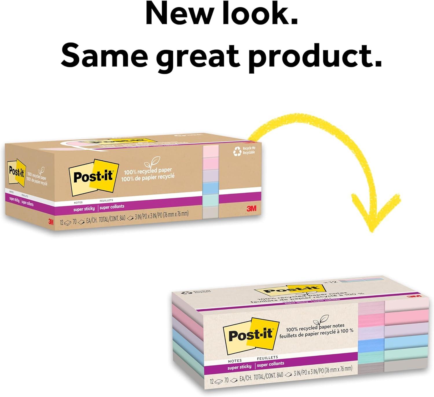 imagePostit 100 Recycled Paper Super Sticky Notes 2X The Sticking Power 3x3 in 12 PadsPack 70 SheetsPad Canary Yellow 654R12SSCYWanderlust Pastels