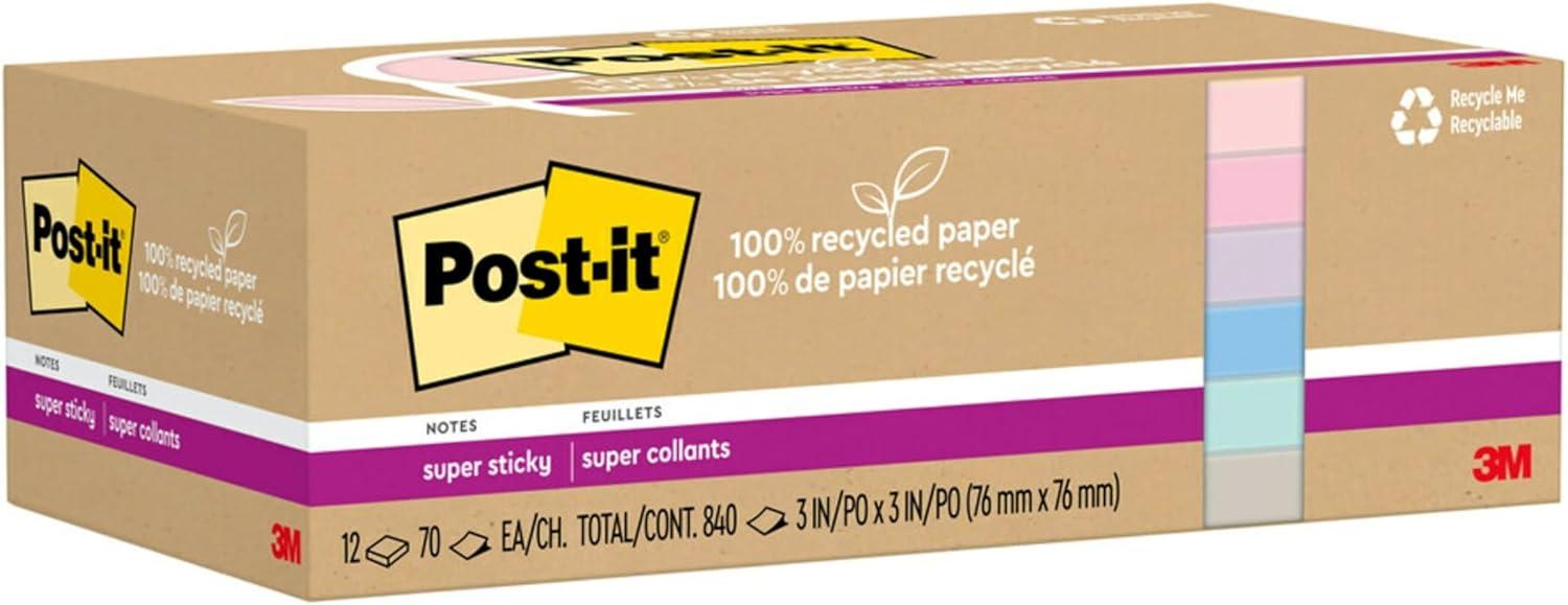 imagePostit 100 Recycled Paper Super Sticky Notes 2X The Sticking Power 3x3 in 12 PadsPack 70 SheetsPad Canary Yellow 654R12SSCYWanderlust Pastels
