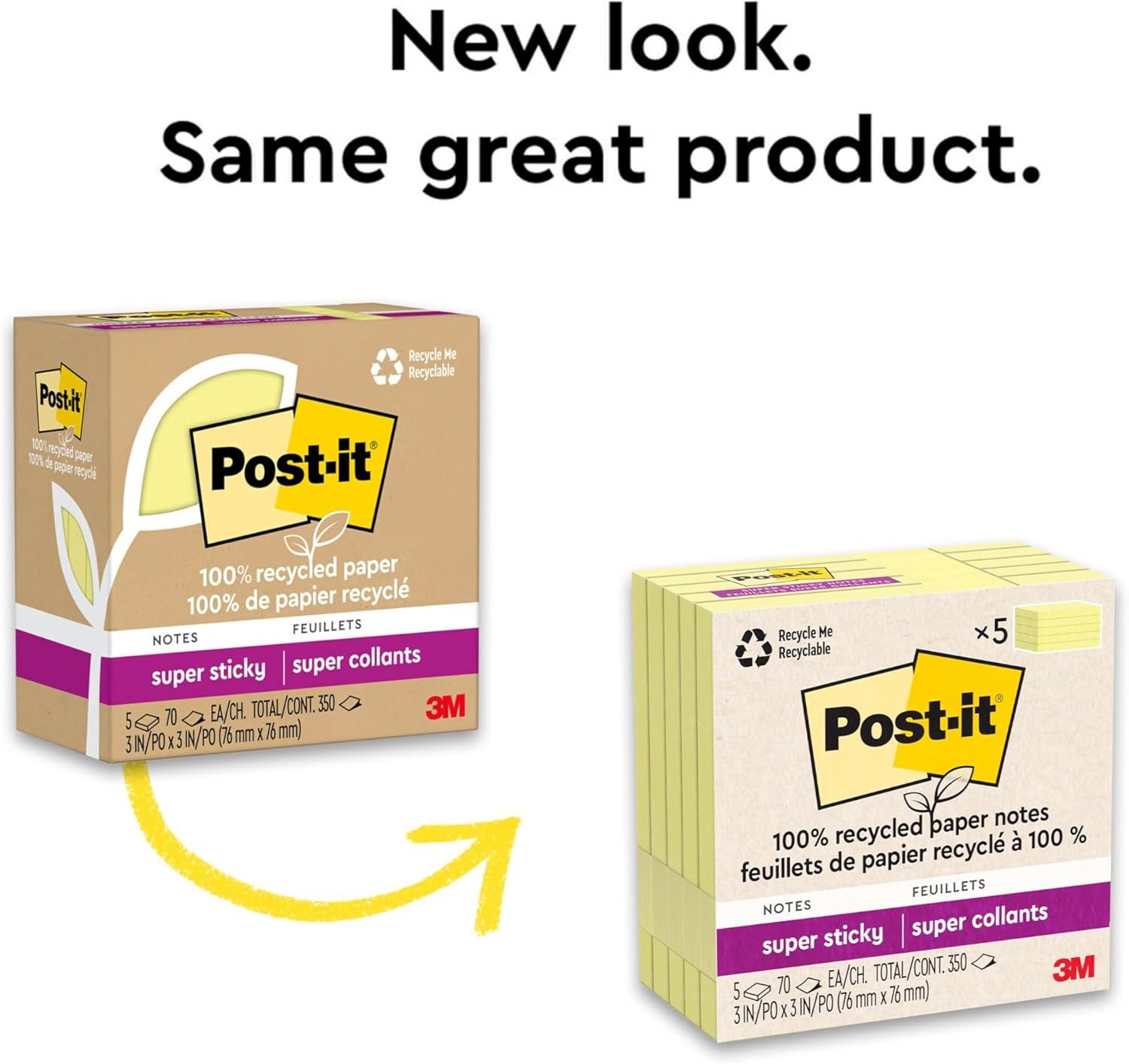 imagePostit 100 Recycled Paper Super Sticky Notes 2X The Sticking Power 3x3 in 5 Pads 70 SheetsPad Oasis Collection 654R5SSTCanary Yellow