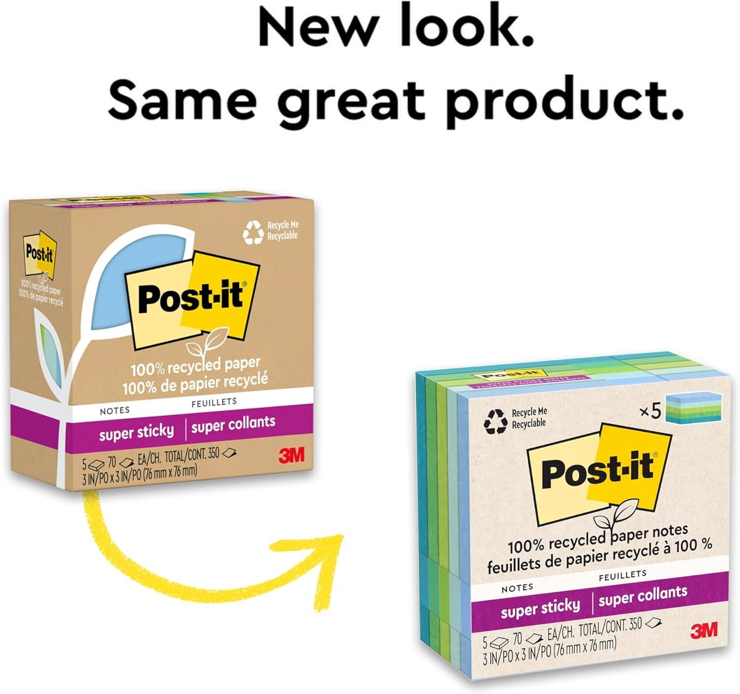 imagePostit 100 Recycled Paper Super Sticky Notes 2X The Sticking Power 3x3 in 5 Pads 70 SheetsPad Oasis Collection 654R5SSTOasis