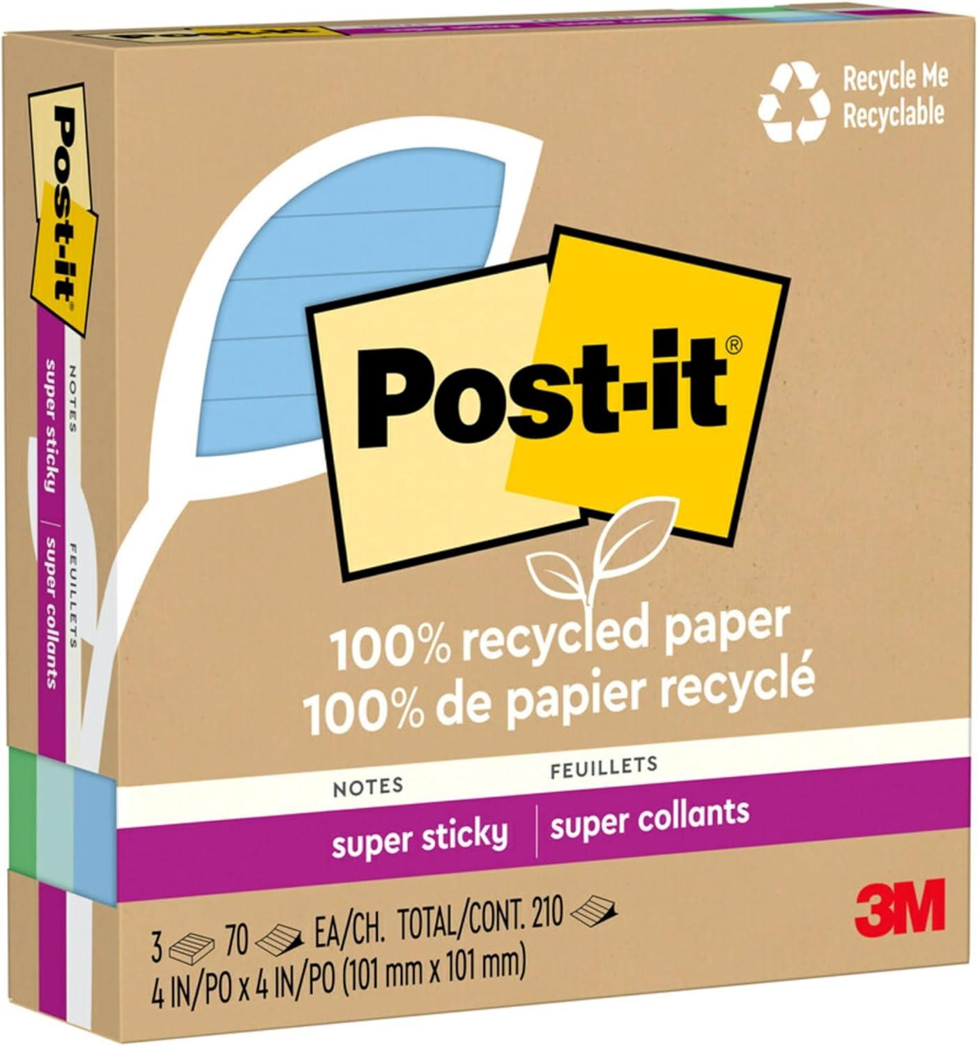 imagePostit 100 Recycled Paper Super Sticky Notes 2X The Sticking Power 4x4 in 3 Pads 70 SheetsPad Oasis Collection 675R3SSTOasis