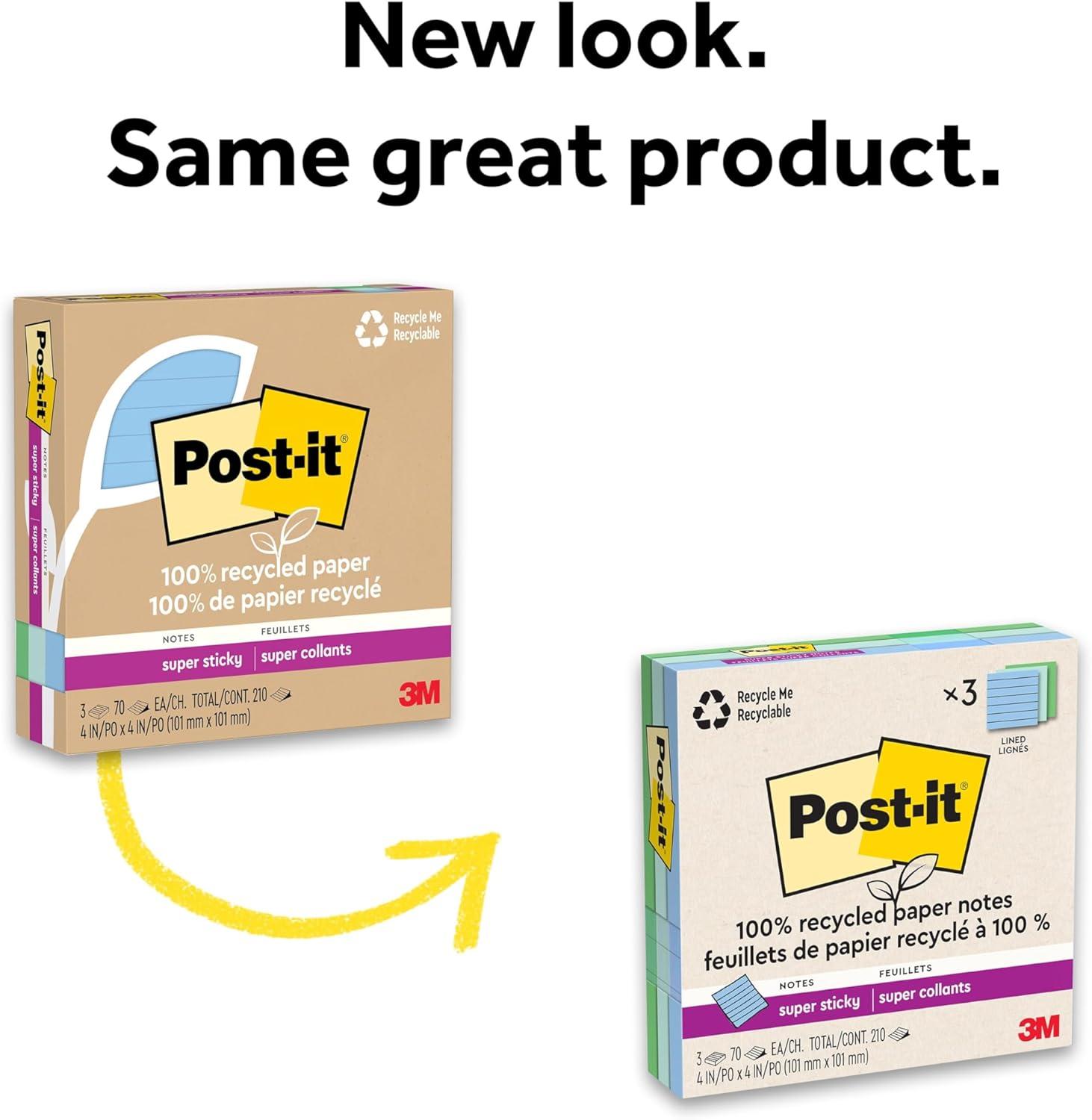 imagePostit 100 Recycled Paper Super Sticky Notes 2X The Sticking Power 4x4 in 3 Pads 70 SheetsPad Oasis Collection 675R3SSTOasis