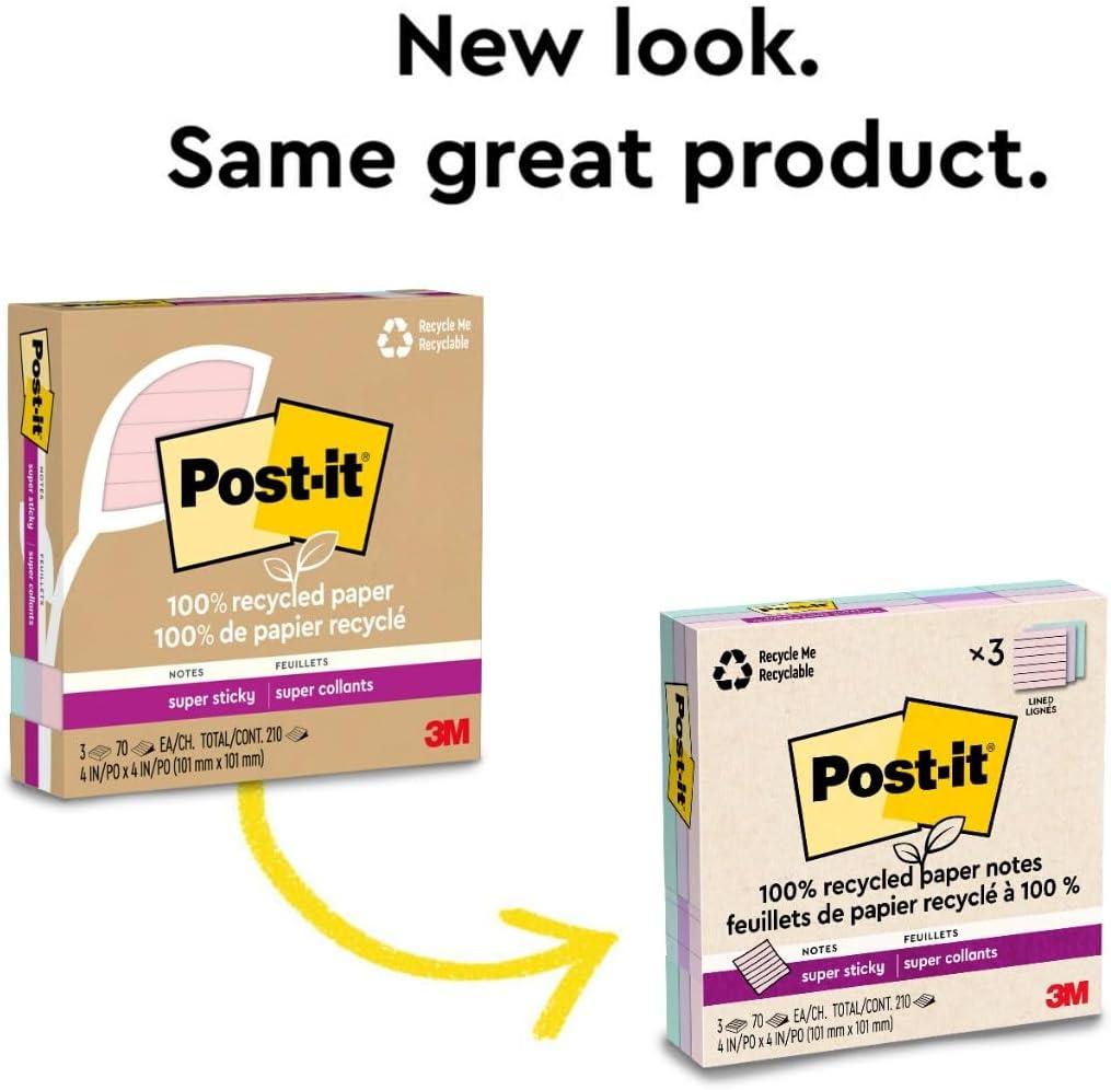 imagePostit 100 Recycled Paper Super Sticky Notes 2X The Sticking Power 4x4 in 3 Pads 70 SheetsPad Oasis Collection 675R3SSTWanderlust Pastels