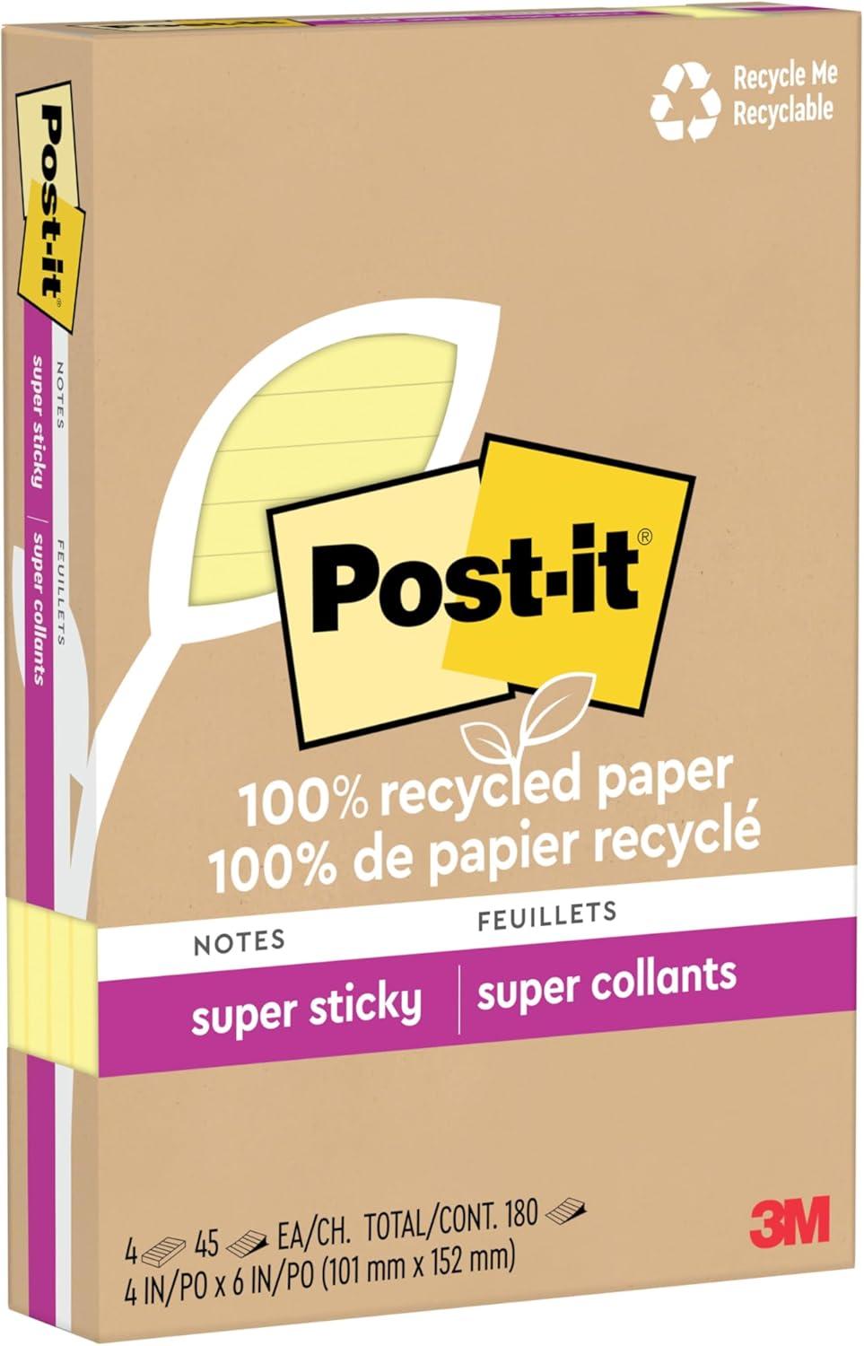 imagePostit 100 Recycled Paper Super Sticky Notes Lined 4 in x 6 in 4 Pads 45 Sheets per Pad Wanderlust Pastels School Supplies and Office ProductsCanary Yellow