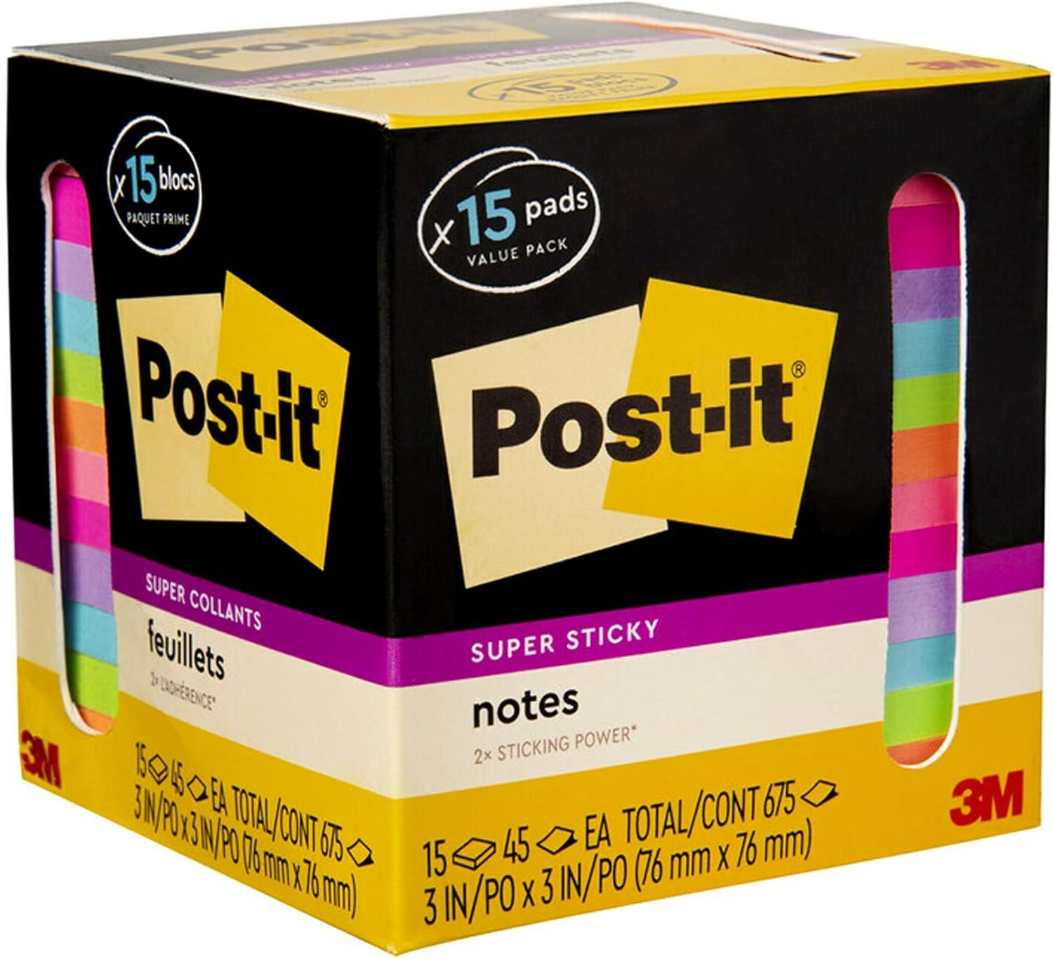imagePostit Super Sticky Notes Assorted Bright Colors 3x3 in 15 PadsPack 45 SheetsPad 2X The Sticking Power Recyclable MultiColor3 in x 3 in