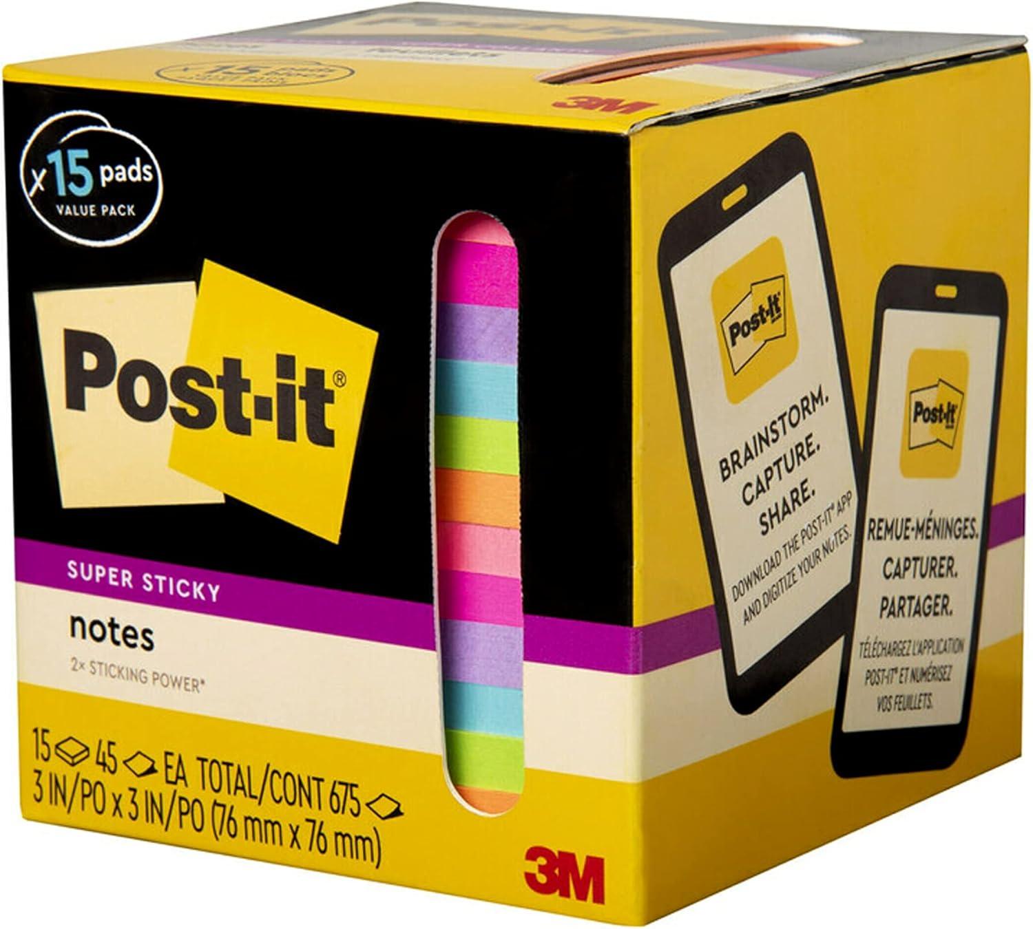 imagePostit Super Sticky Notes Assorted Bright Colors 3x3 in 15 PadsPack 45 SheetsPad 2X The Sticking Power Recyclable MultiColor3 in x 3 in