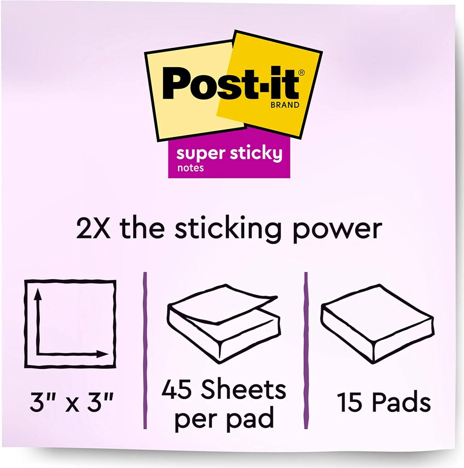 imagePostit Super Sticky Notes Assorted Bright Colors 3x3 in 15 PadsPack 45 SheetsPad 2X The Sticking Power Recyclable MultiColor3 in x 3 in