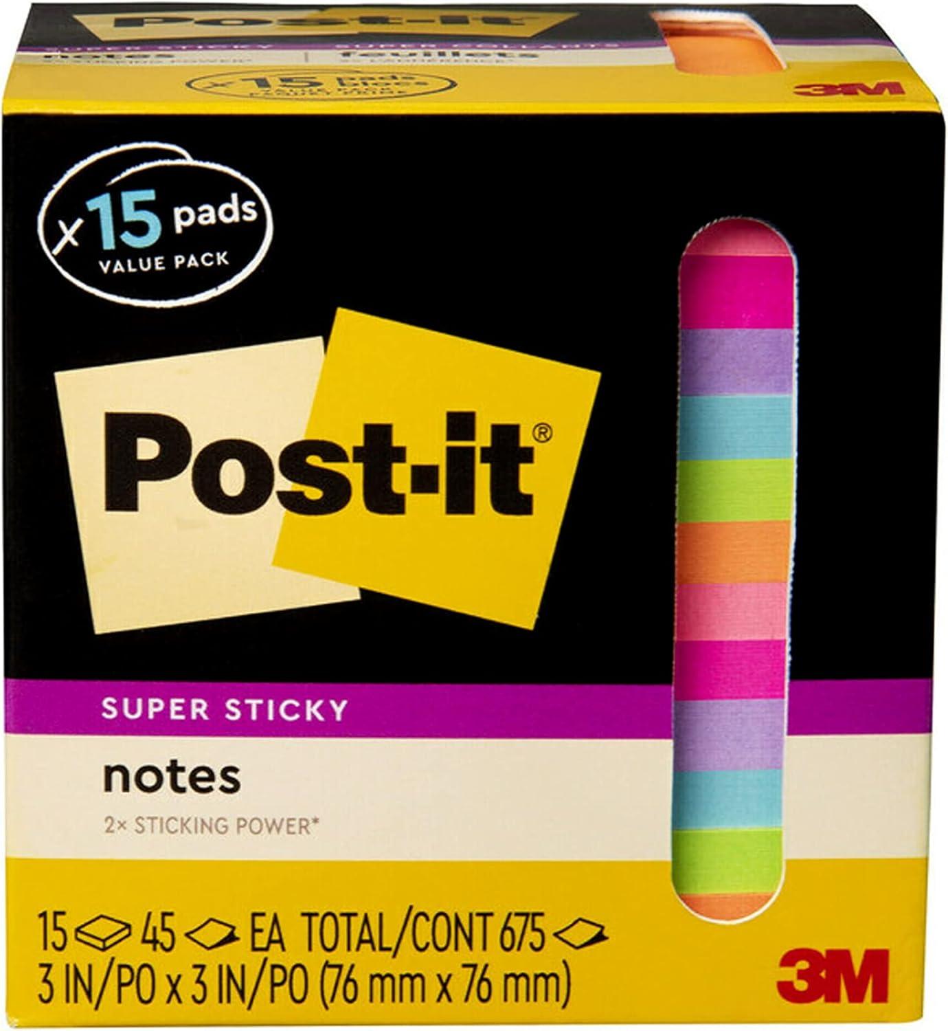 imagePostit Super Sticky Notes Assorted Bright Colors 3x3 in 15 PadsPack 45 SheetsPad 2X The Sticking Power Recyclable MultiColor3 in x 3 in