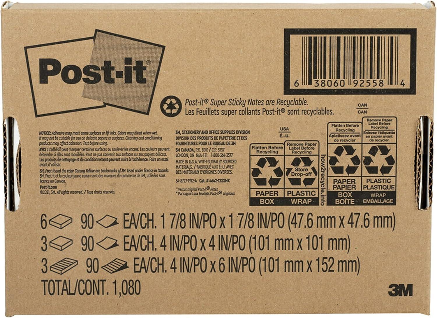 imagePostit Super Sticky Notes Bright Color Collection Pink Purple Green 12 PadsPack 90 SheetsPad Assorted Sizes 464212SSMX12Pads Pack of 8