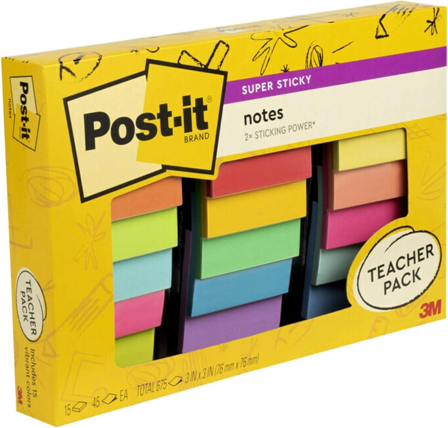 imagePostit Super Sticky Notes Teacher Pack Assorted Colors 3 in x 3 in 15 PadsPack 45 SheetsPad 65415SSBTSSR119 x 79