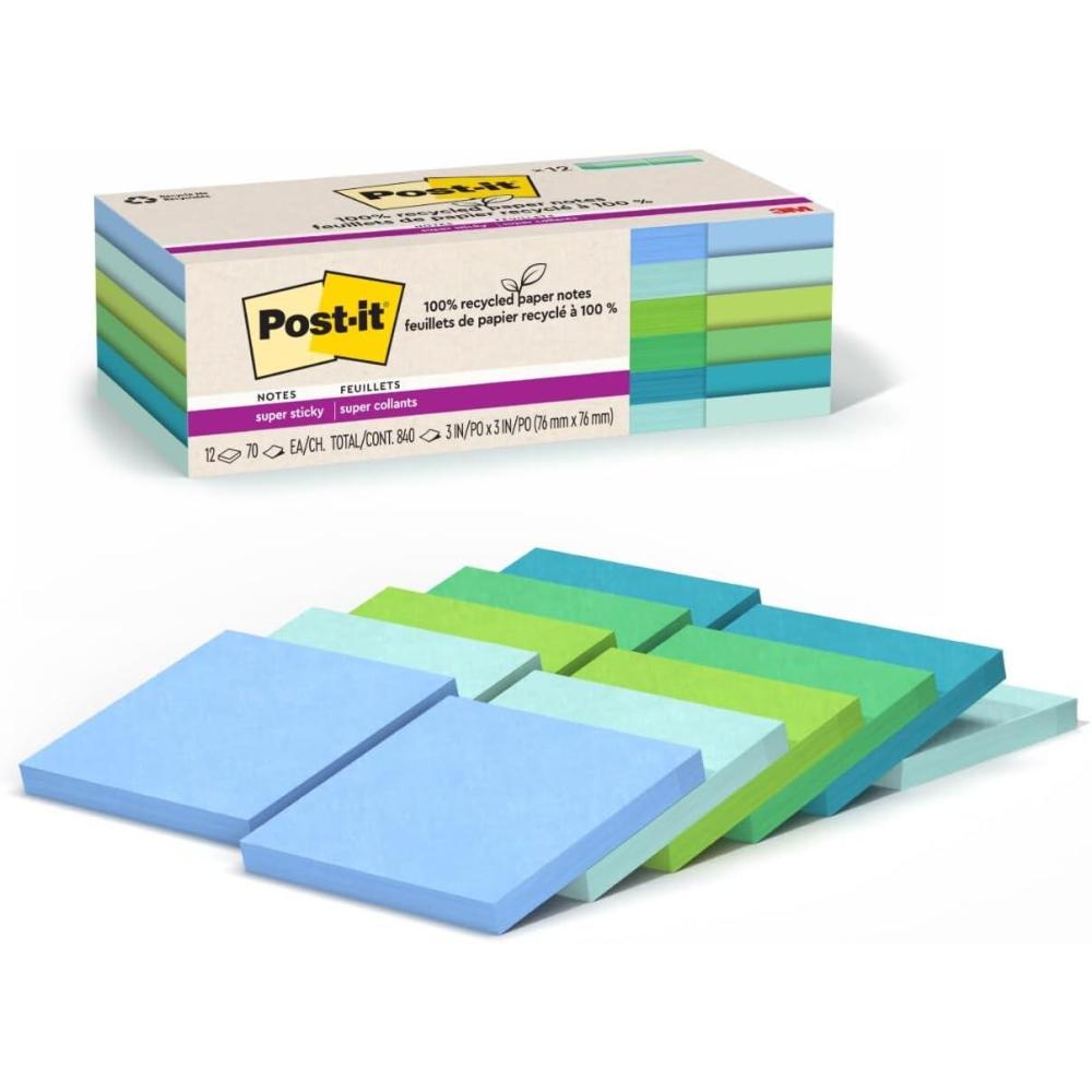 imagePostit 100 Recycled Paper Super Sticky Notes 2X The Sticking Power 3x3 in 12 PadsPack 70 SheetsPad Canary Yellow 654R12SSCYOasis