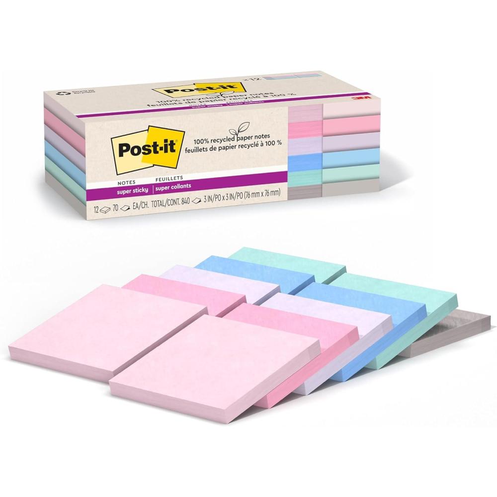 imagePostit 100 Recycled Paper Super Sticky Notes 2X The Sticking Power 3x3 in 12 PadsPack 70 SheetsPad Canary Yellow 654R12SSCYWanderlust Pastels