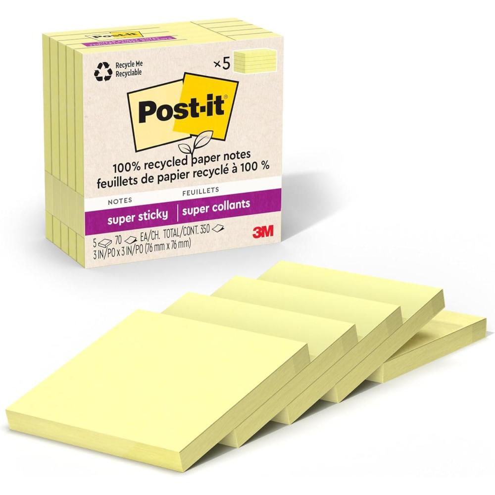 imagePostit 100 Recycled Paper Super Sticky Notes 2X The Sticking Power 3x3 in 5 Pads 70 SheetsPad Oasis Collection 654R5SSTCanary Yellow