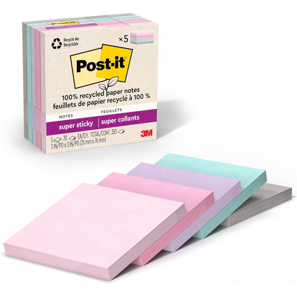 imagePostit 100 Recycled Paper Super Sticky Notes 2X The Sticking Power 3x3 in 5 Pads 70 SheetsPad Oasis Collection 654R5SSTOrchid Frost  Fresh Mint  Washed Denim  Pebble Gray  Pink Salt