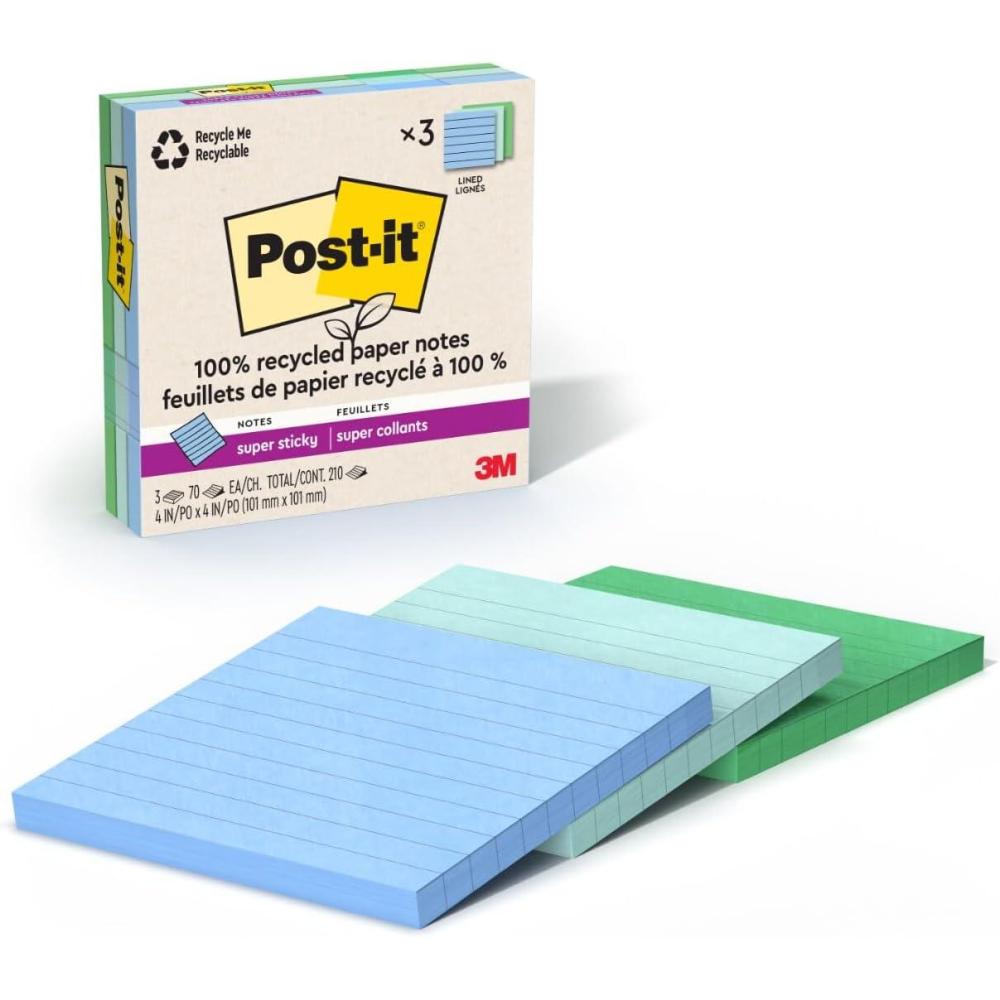 imagePostit 100 Recycled Paper Super Sticky Notes 2X The Sticking Power 4x4 in 3 Pads 70 SheetsPad Oasis Collection 675R3SSTOasis