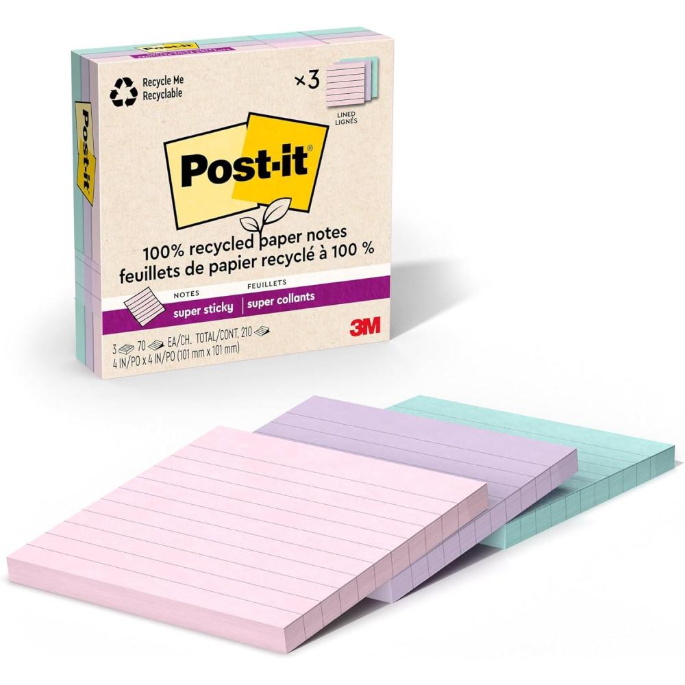imagePostit 100 Recycled Paper Super Sticky Notes 2X The Sticking Power 4x4 in 3 Pads 70 SheetsPad Oasis Collection 675R3SSTWanderlust Pastels