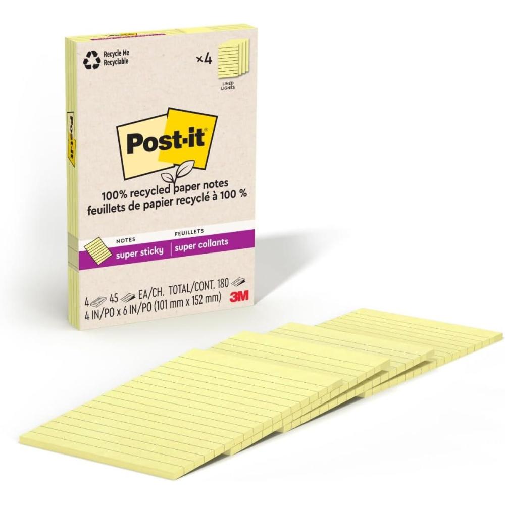 imagePostit 100 Recycled Paper Super Sticky Notes Lined 4 in x 6 in 4 Pads 45 Sheets per Pad Wanderlust Pastels School Supplies and Office ProductsCanary Yellow