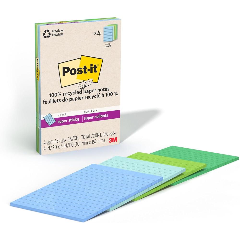 imagePostit 100 Recycled Paper Super Sticky Notes Lined 4 in x 6 in 4 Pads 45 Sheets per Pad Wanderlust Pastels School Supplies and Office ProductsOasis